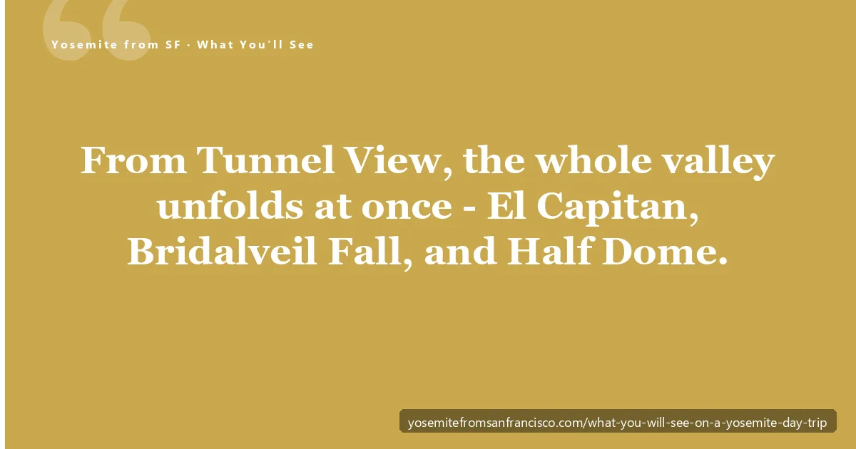 What you'll see on a Yosemite day trip — the classic Tunnel View panorama of El Capitan, Bridalveil Fall, and Half Dome over Yosemite Valley